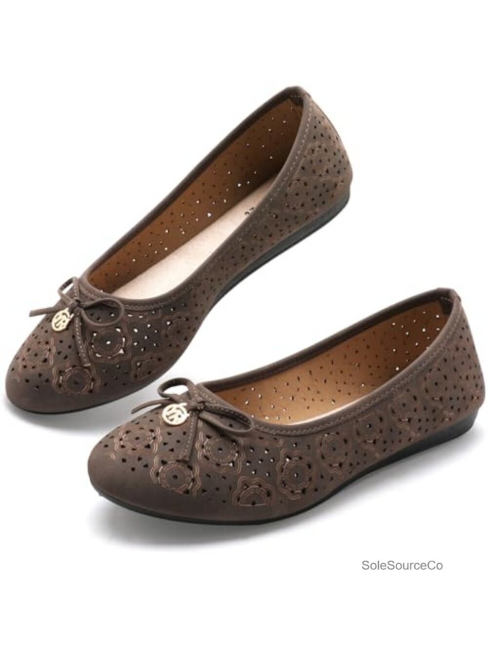 Women's Faux Leather Ballet Flats Slip-On Laser-Cut Bow Round Toe Walking
